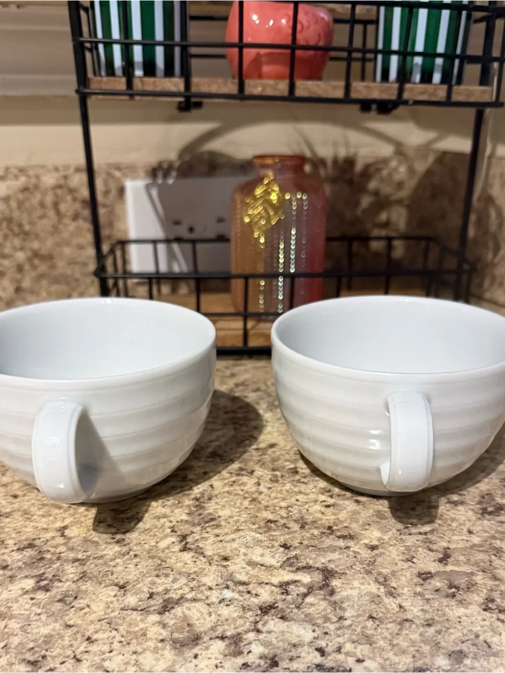Set of 2 Crate and Barrel Roulette White Spal Porcelain Ribbed Cups